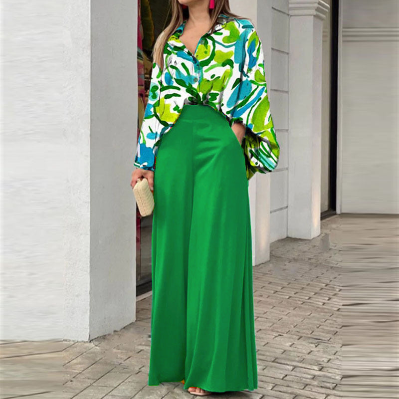 Chic Printed Shirt and Elegant Wide-Leg Pants Fashion Casual Set for Women