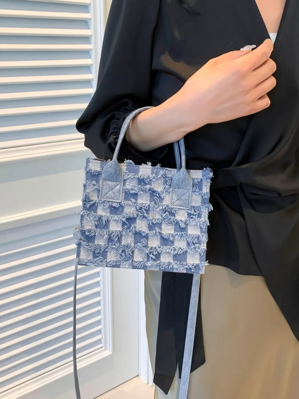 Raw Edge Plaid Shoulder Bag