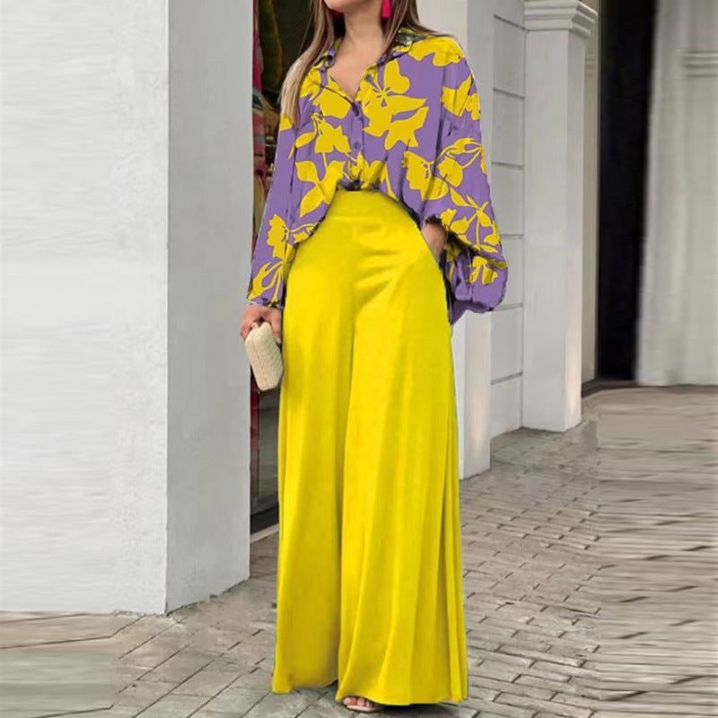 Chic Printed Shirt and Elegant Wide-Leg Pants Fashion Casual Set for Women