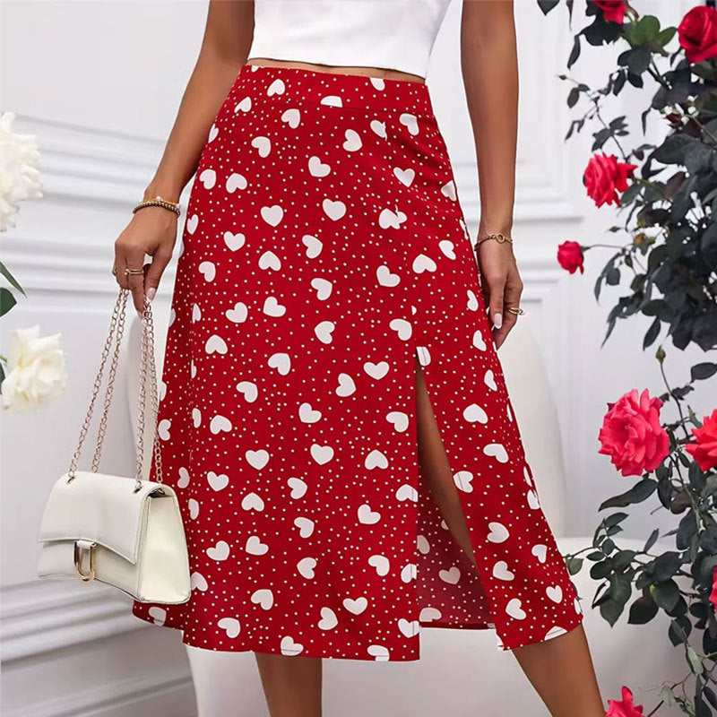 Printed polka dot heart-shaped slit wrap skirt A swing skirt