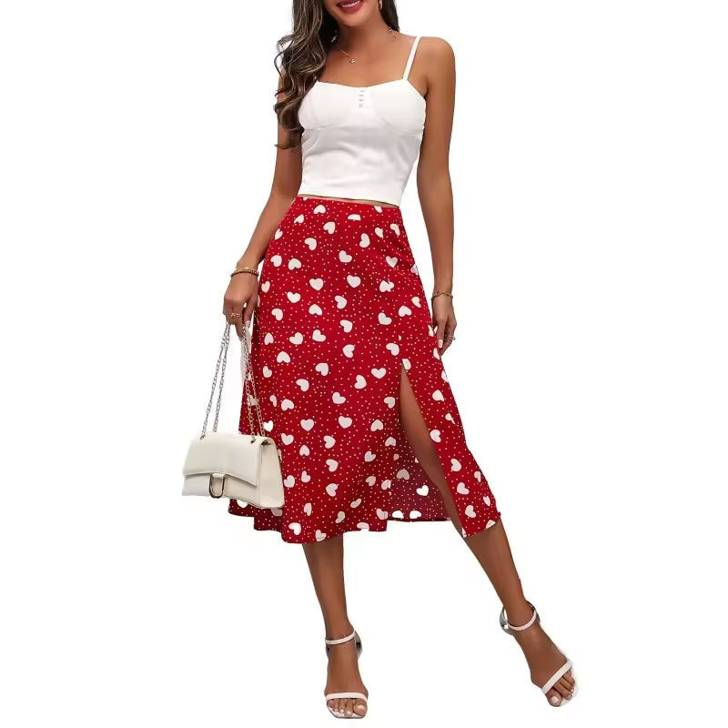 Printed polka dot heart-shaped slit wrap skirt A swing skirt