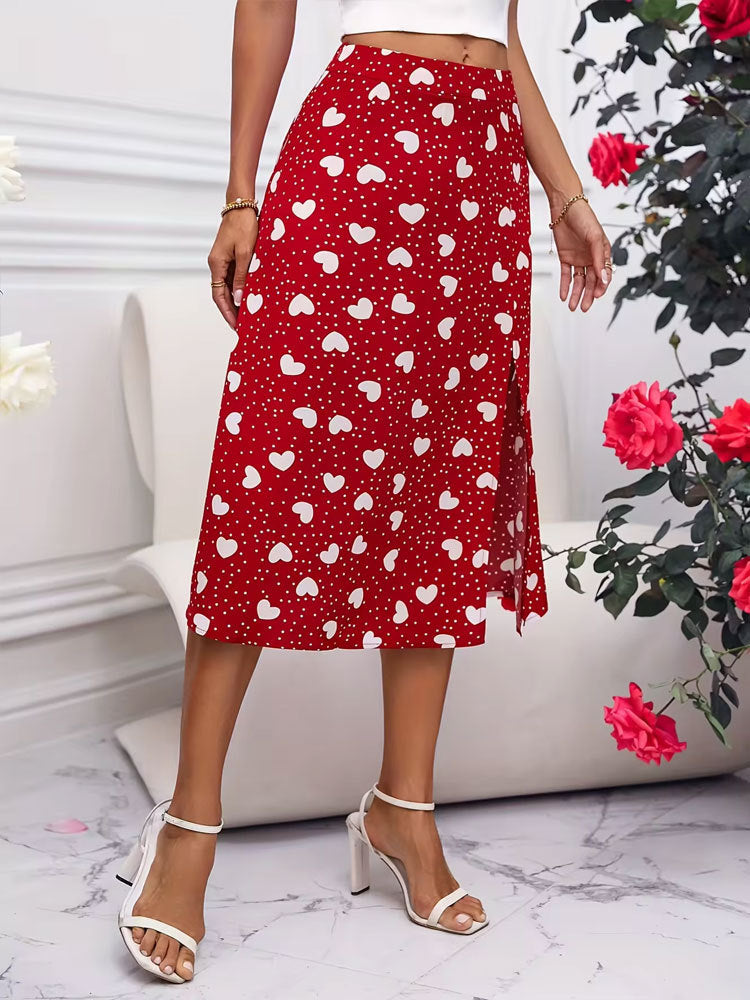 Printed polka dot heart-shaped slit wrap skirt A swing skirt