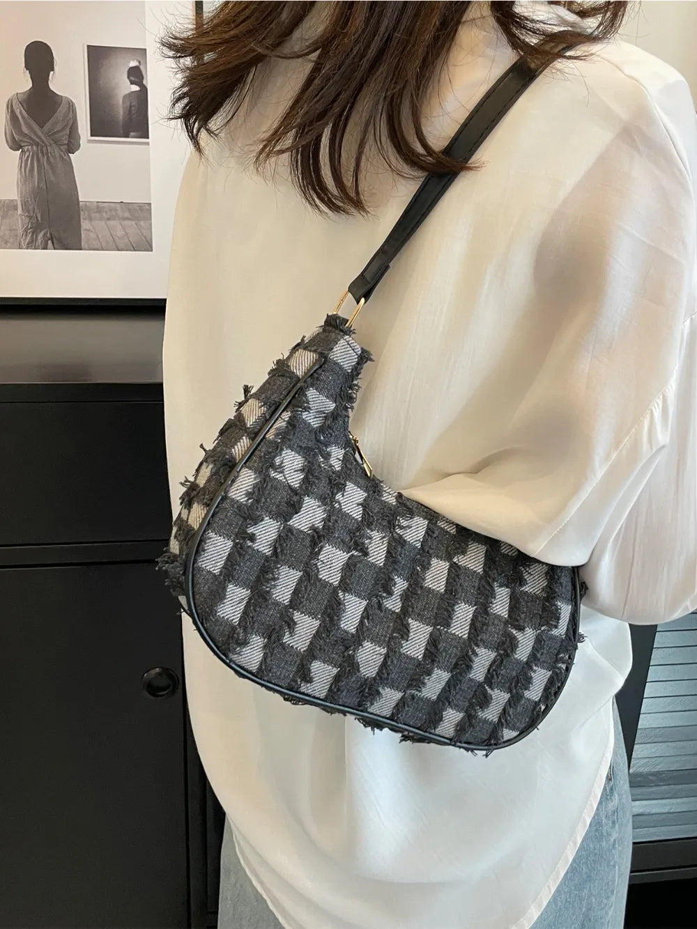 Checkered Raw Hem Shoulder Bag