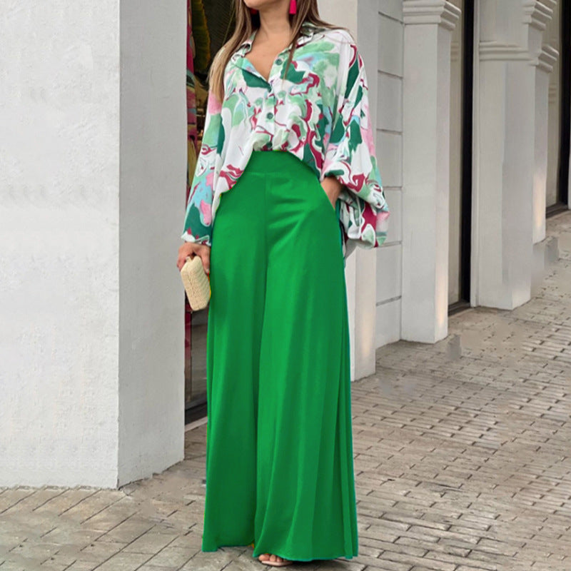 Chic Printed Shirt and Elegant Wide-Leg Pants Fashion Casual Set for Women