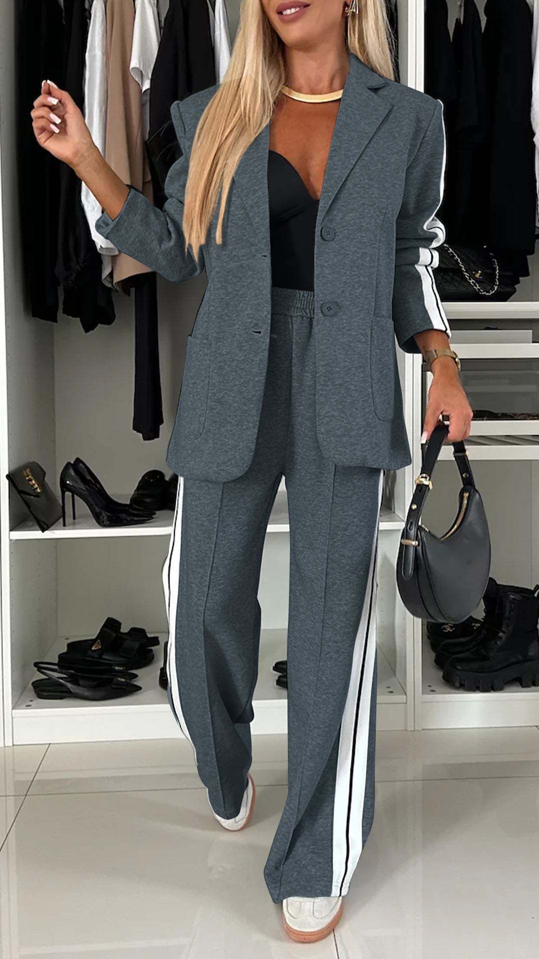 Long Sleeve Notch Lapel Casual Women's Suit Set