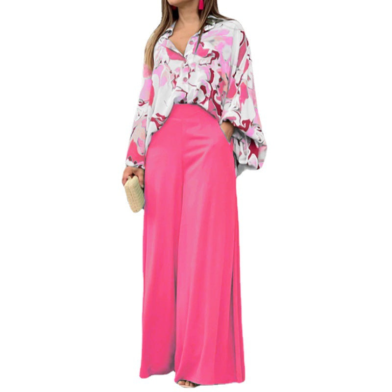 Chic Printed Shirt and Elegant Wide-Leg Pants Fashion Casual Set for Women