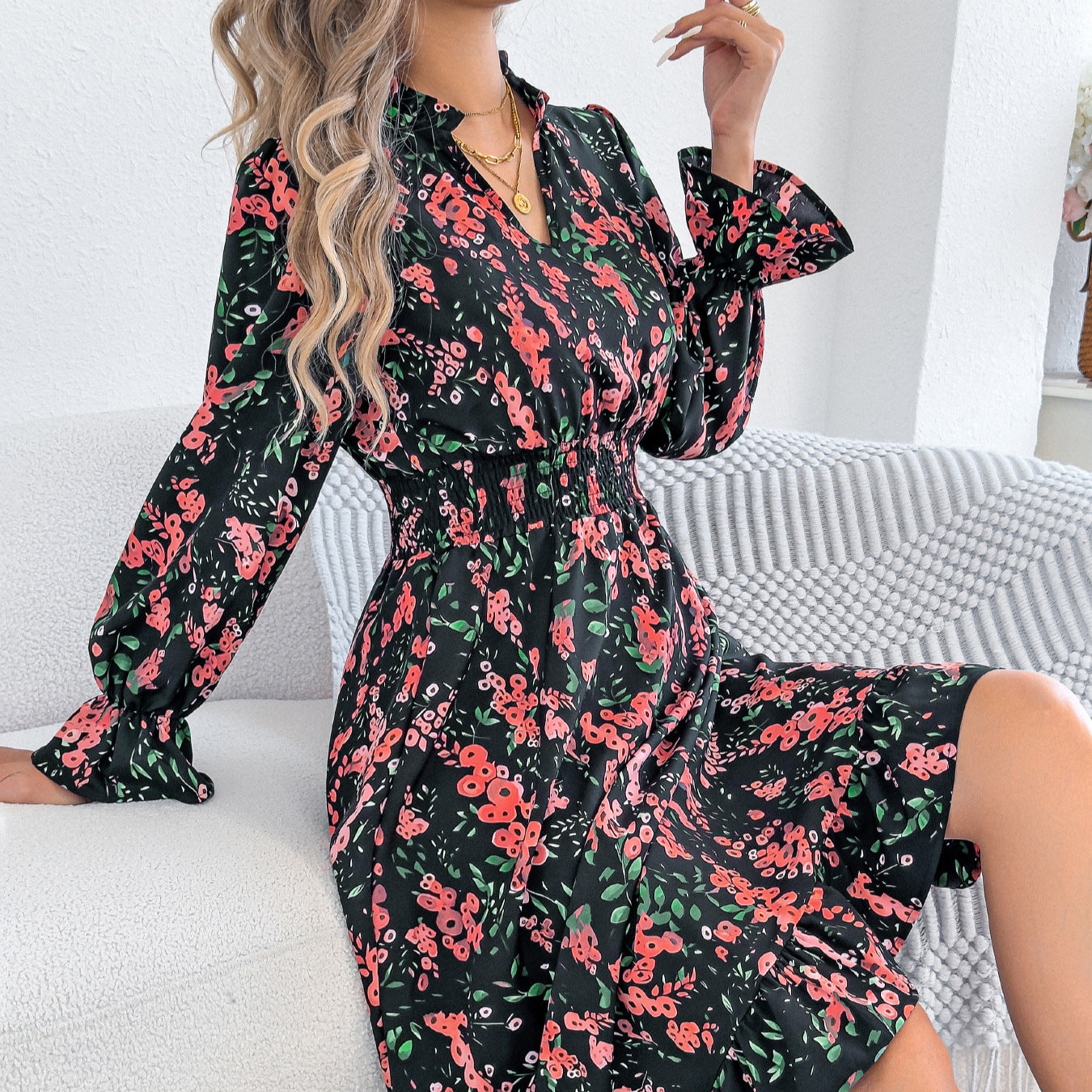 Floral flared sleeve waist cinched A-line dress