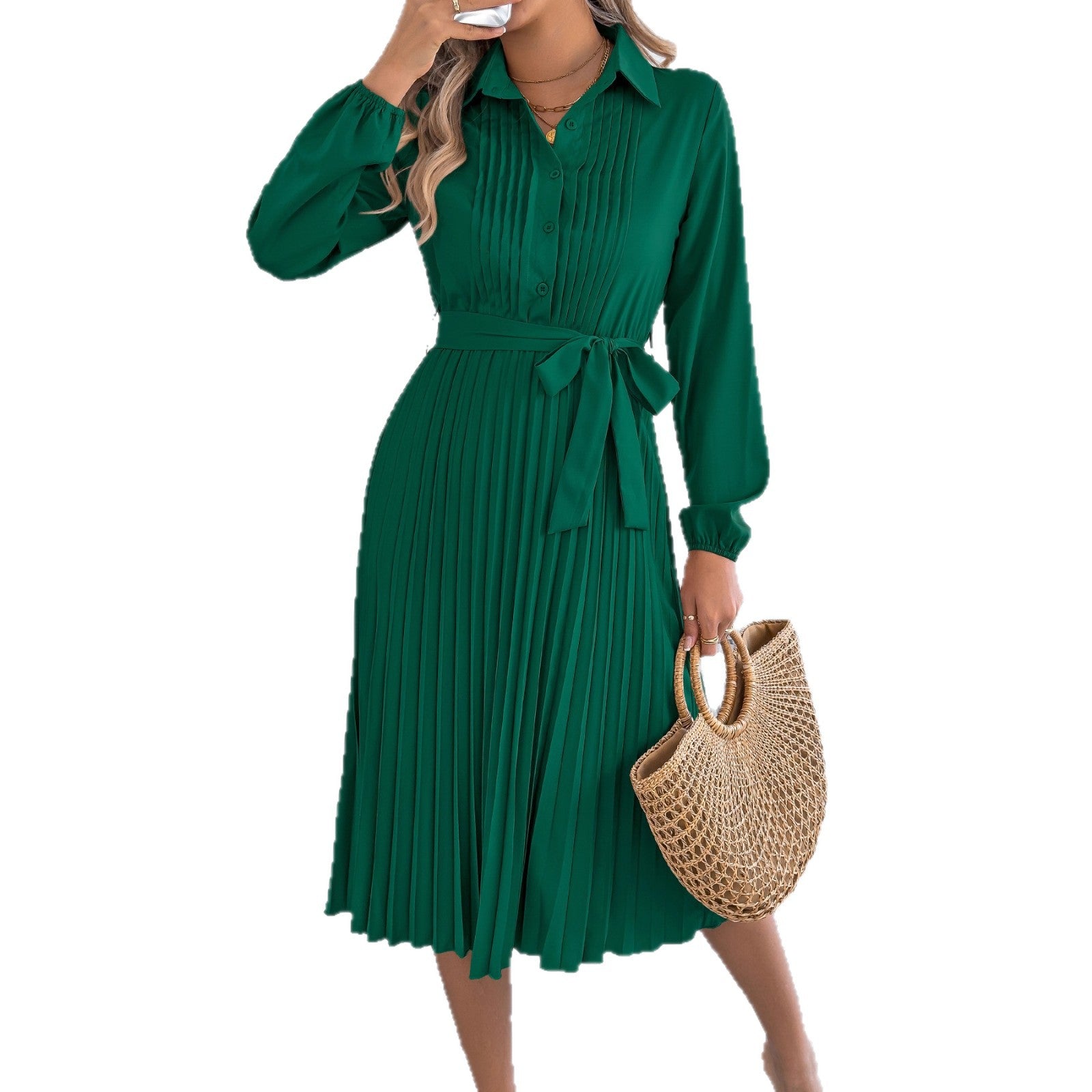 Solid color lapel long sleeved waist cinched pleated dress