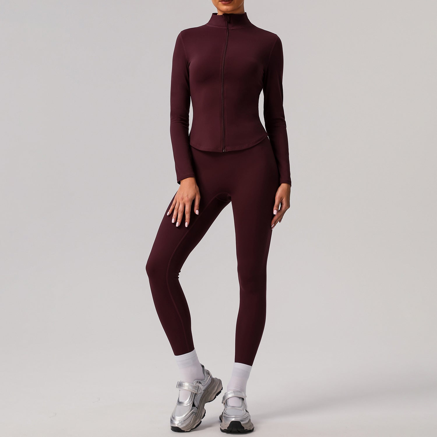 Solid color tight yoga suit quick drying fitness suit outdoor body shaping running suit women's fitness suit ﻿