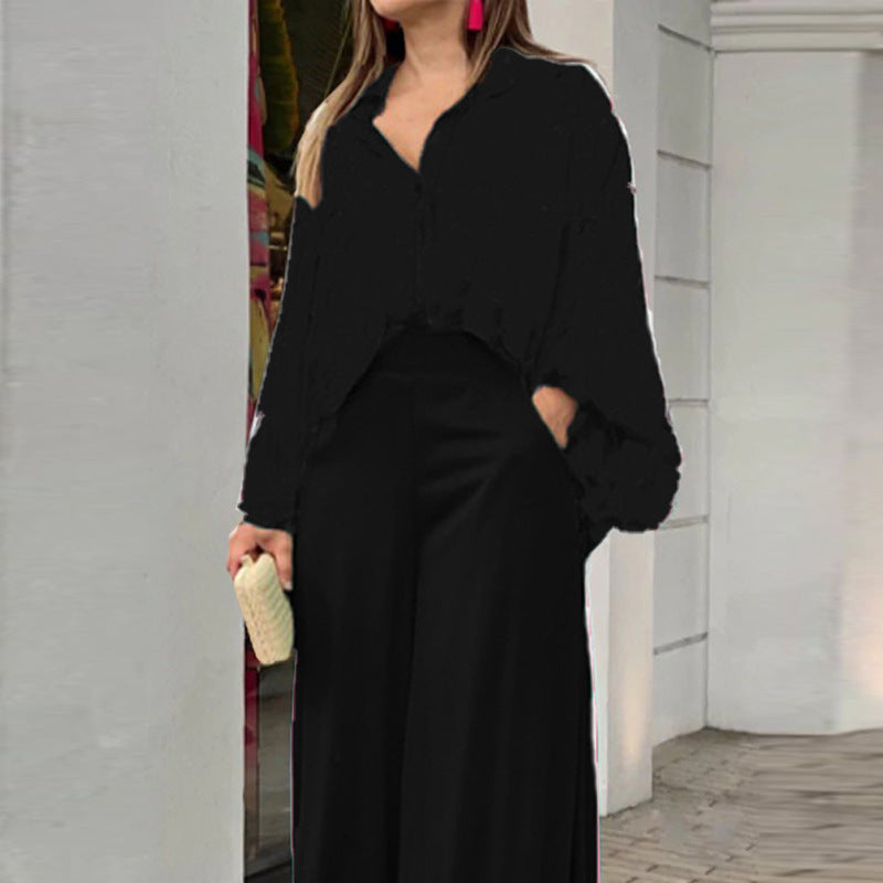 Chic Printed Shirt and Elegant Wide-Leg Pants Fashion Casual Set for Women