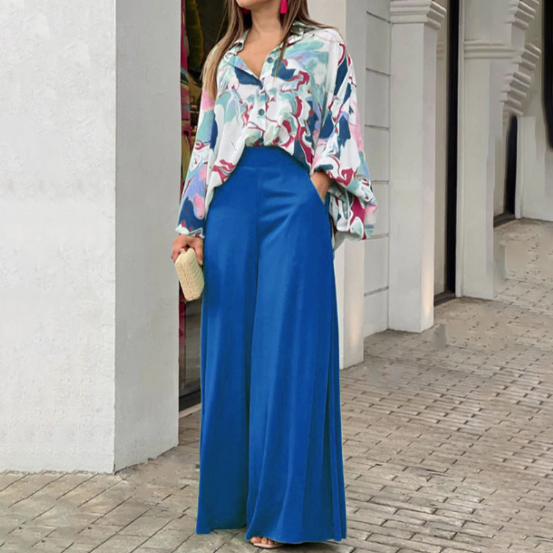 Chic Printed Shirt and Elegant Wide-Leg Pants Fashion Casual Set for Women