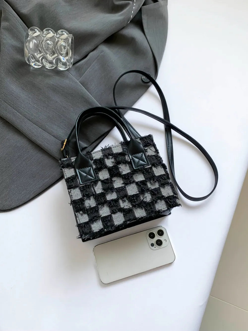 Raw Edge Plaid Shoulder Bag