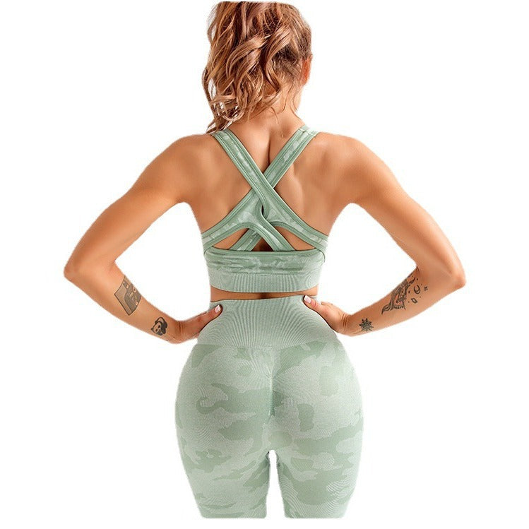 Camouflage 3-piece long sleeved bra pants sports fitness yoga peach hip lifting tight pants set