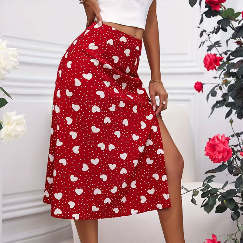 Printed polka dot heart-shaped slit wrap skirt A swing skirt