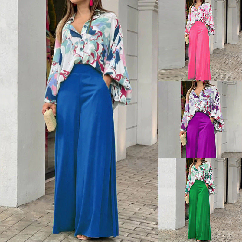 Chic Printed Shirt and Elegant Wide-Leg Pants Fashion Casual Set for Women
