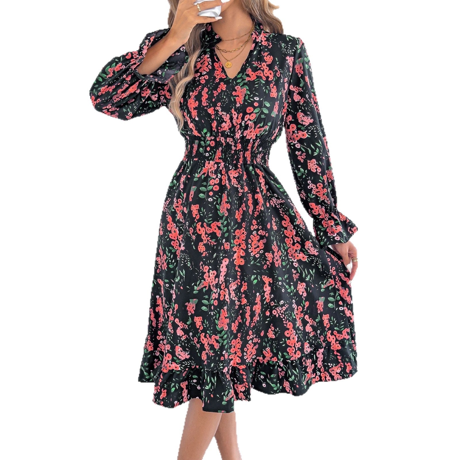 Floral flared sleeve waist cinched A-line dress