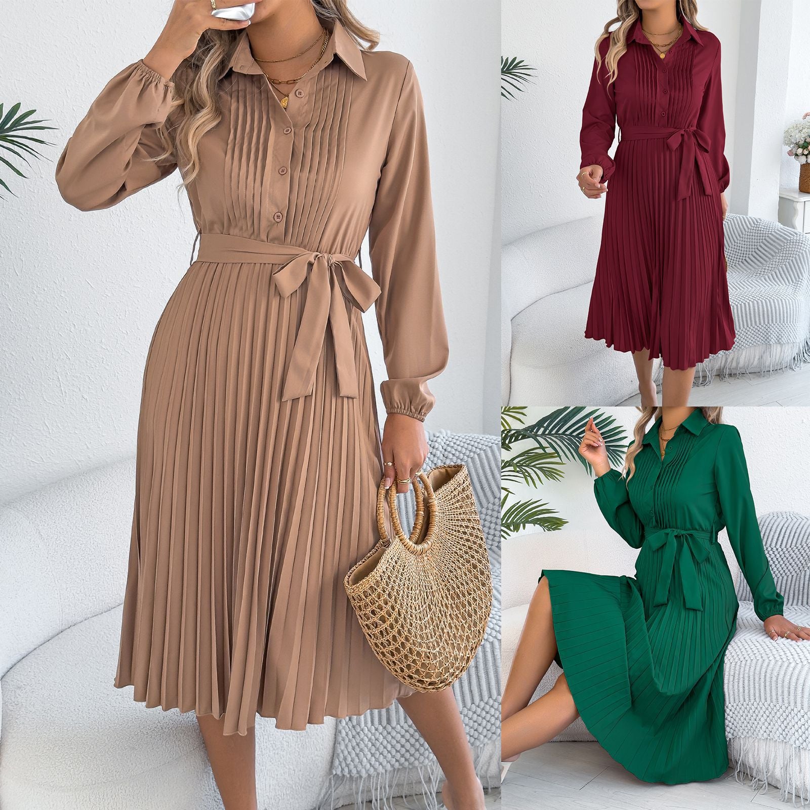 Solid color lapel long sleeved waist cinched pleated dress