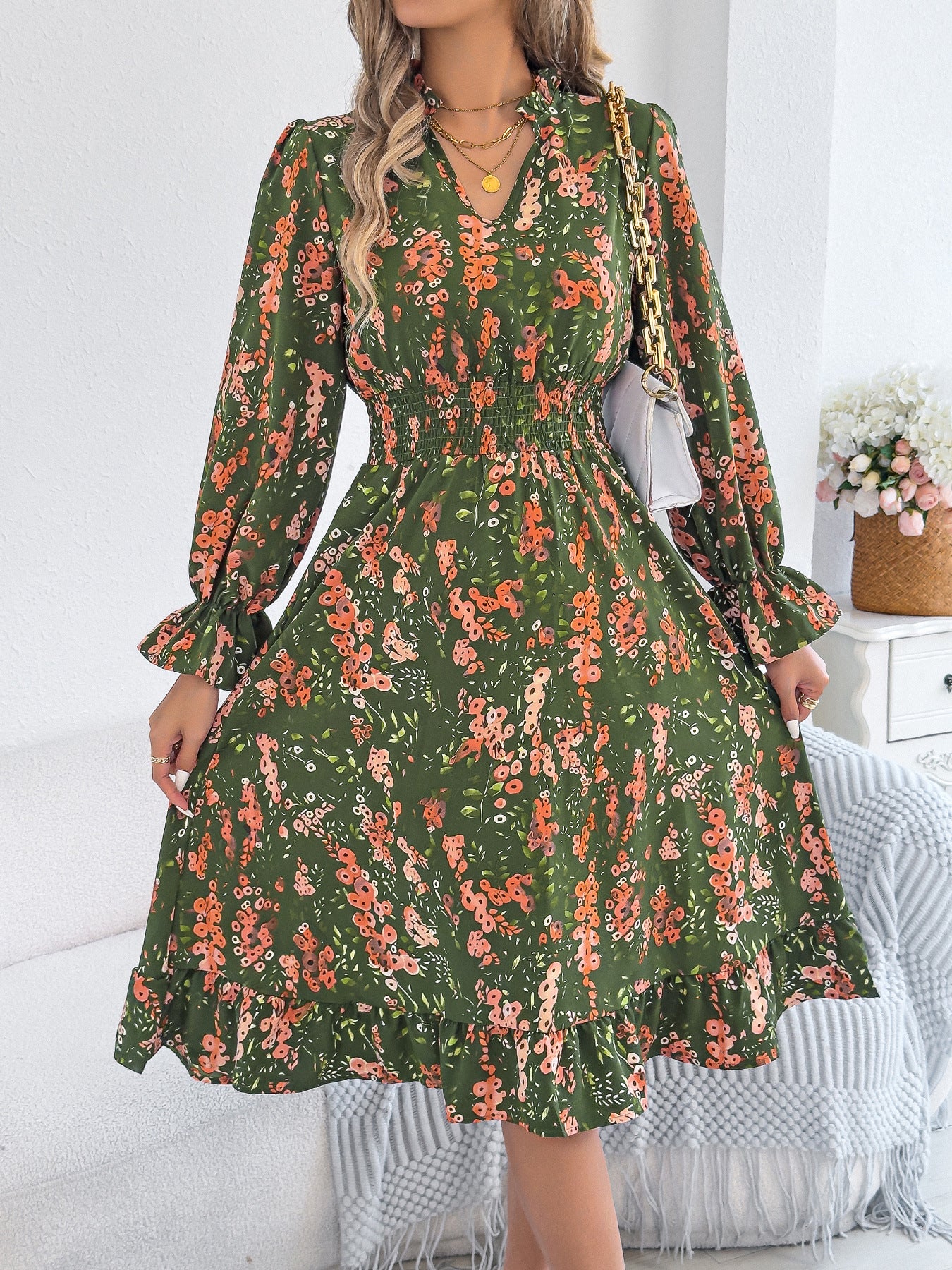 Floral flared sleeve waist cinched A-line dress