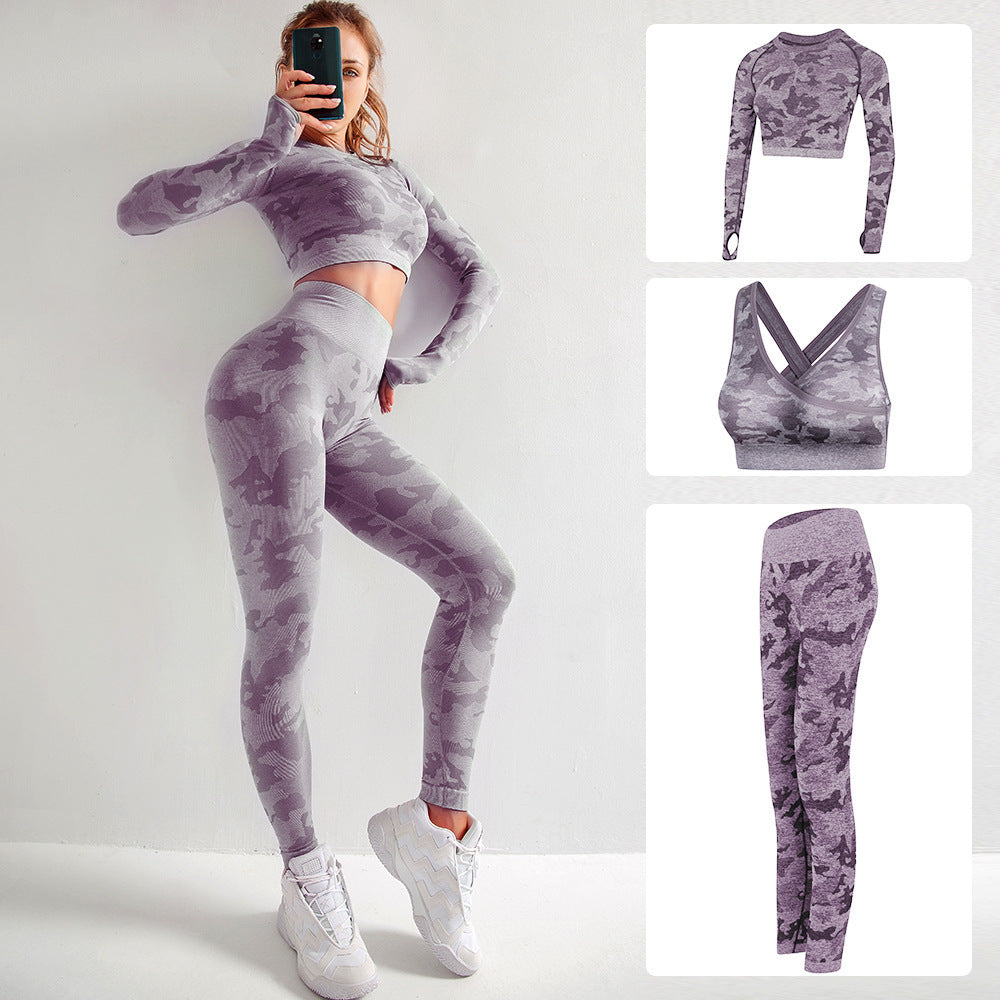 Camouflage 3-piece long sleeved bra pants sports fitness yoga peach hip lifting tight pants set