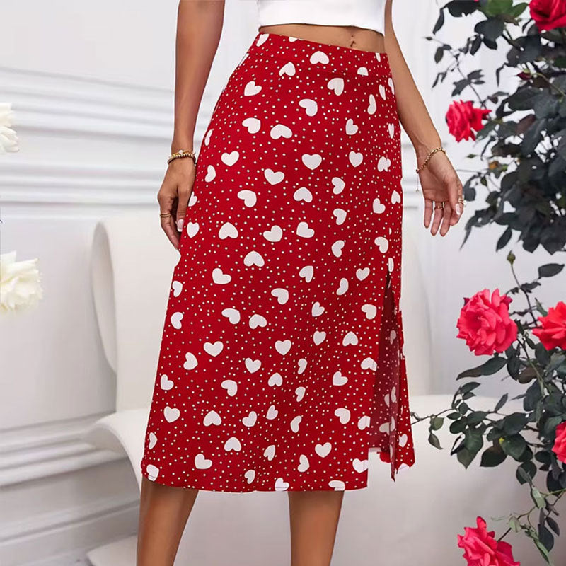 Printed polka dot heart-shaped slit wrap skirt A swing skirt