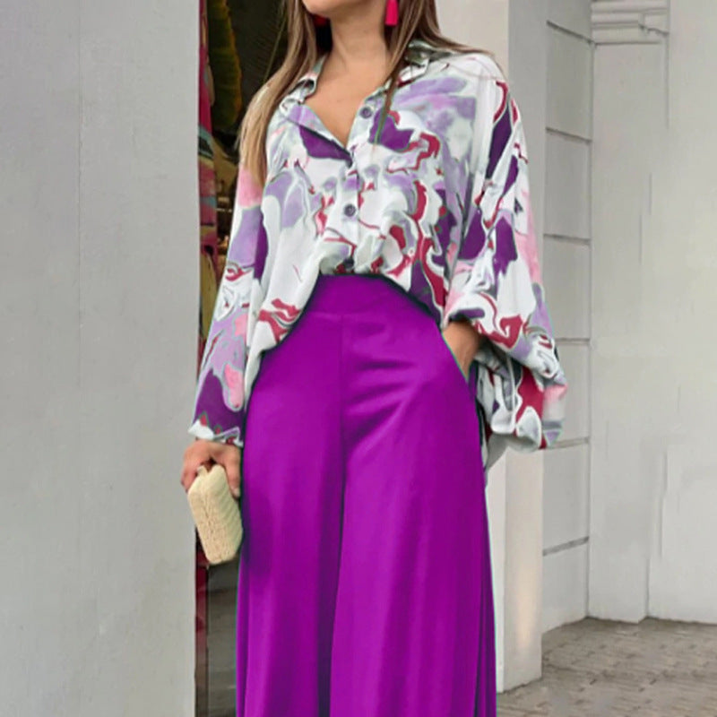 Chic Printed Shirt and Elegant Wide-Leg Pants Fashion Casual Set for Women