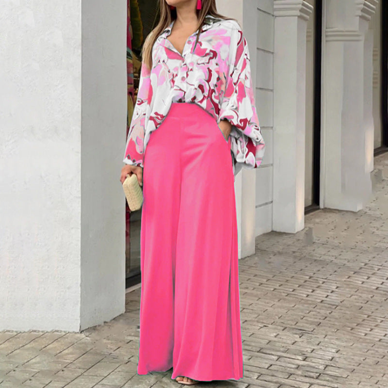 Chic Printed Shirt and Elegant Wide-Leg Pants Fashion Casual Set for Women
